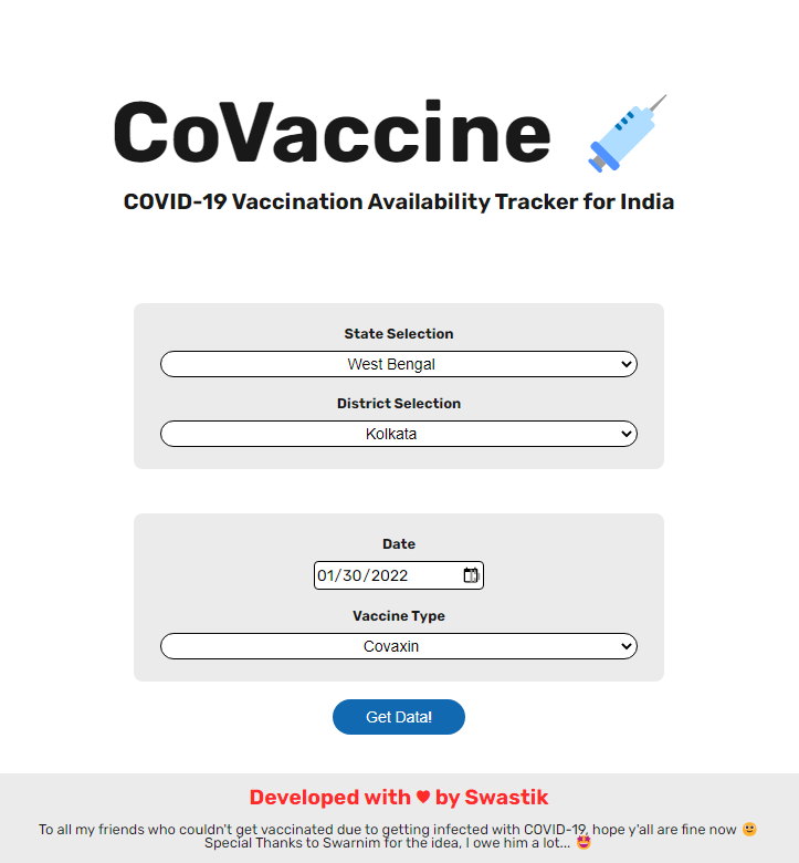 Screenshot of CoVaccine App